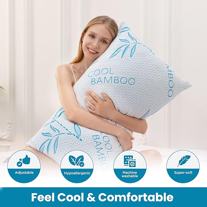 2 Pack King Size Pillows for Sleeping, Cooling Shredded Memory Foam Adjustable Bed Pillow with, Removable/Washable Cover (King 2 Pack)