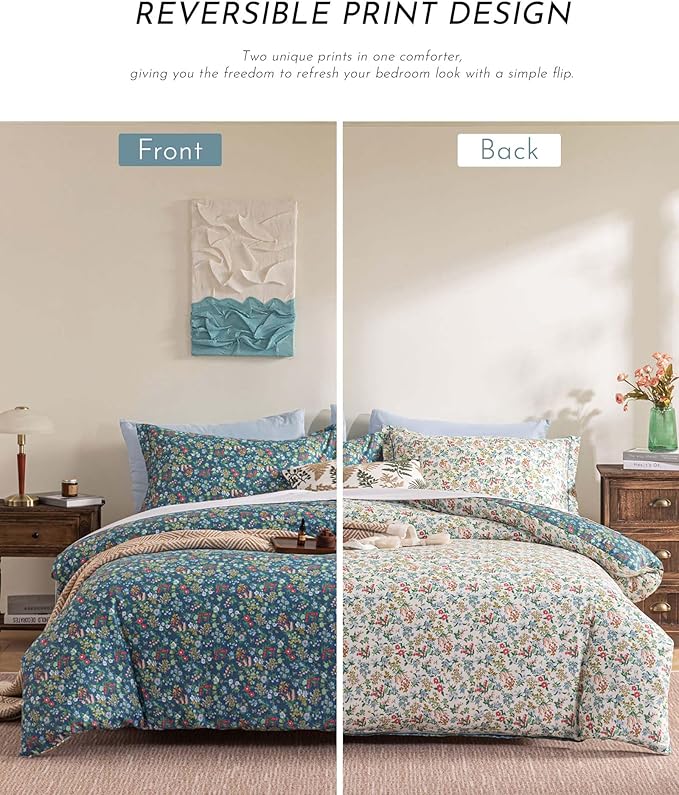 ALEISSEL Cotton Floral Comforter Twin Size - 2PC Lightweight Bedding Sets with Down Alternative Fill, Deep Slate Blue & White with Vibrant Floral Pattern (1 Comforter, 1 Pillowsham)