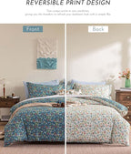 ALEISSEL Cotton Floral Comforter Twin Size - 2PC Lightweight Bedding Sets with Down Alternative Fill, Deep Slate Blue & White with Vibrant Floral Pattern (1 Comforter, 1 Pillowsham)