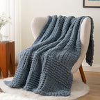 Bunnikins & Clover Dusty Blue Throw Blanket, Handmade Chenille Cable Chunky Knit Throw for Couch, Blue Grey Throw Blanket for Home Decor, 50"x60"