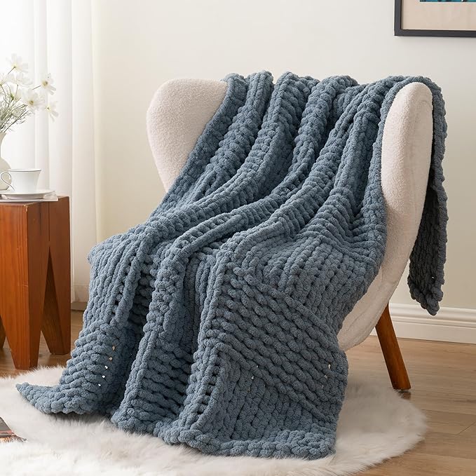 Bunnikins & Clover Dusty Blue Throw Blanket, Handmade Chenille Cable Chunky Knit Throw for Couch, Blue Grey Throw Blanket for Home Decor, 50"x60"