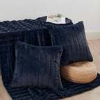 Striped Throw Blanket and Pillow Covers Set (No Inserts) for Couch and Bed, Plush Warm Lightweight Fuzzy Faux Fur Blanket for All Seasons (50" x 60", Dark Blue)