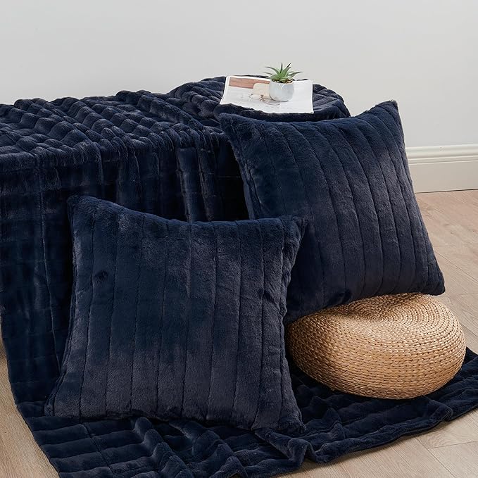 Striped Throw Blanket and Pillow Covers Set (No Inserts) for Couch and Bed, Plush Warm Lightweight Fuzzy Faux Fur Blanket for All Seasons (50" x 60", Dark Blue)
