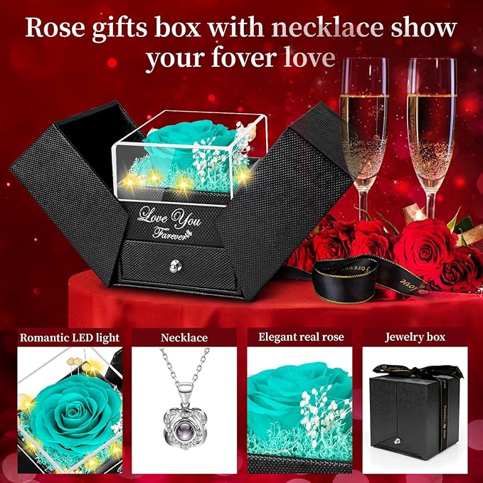 Preserved Blue Real Rose with Heart I Love You Necklace -Eternal Flowers Rose Birthday Gifts for Women Mom Her Wife Girlfriend Grandma on Valentines Mothers Day Christmas Anniversary Romantic-Blue