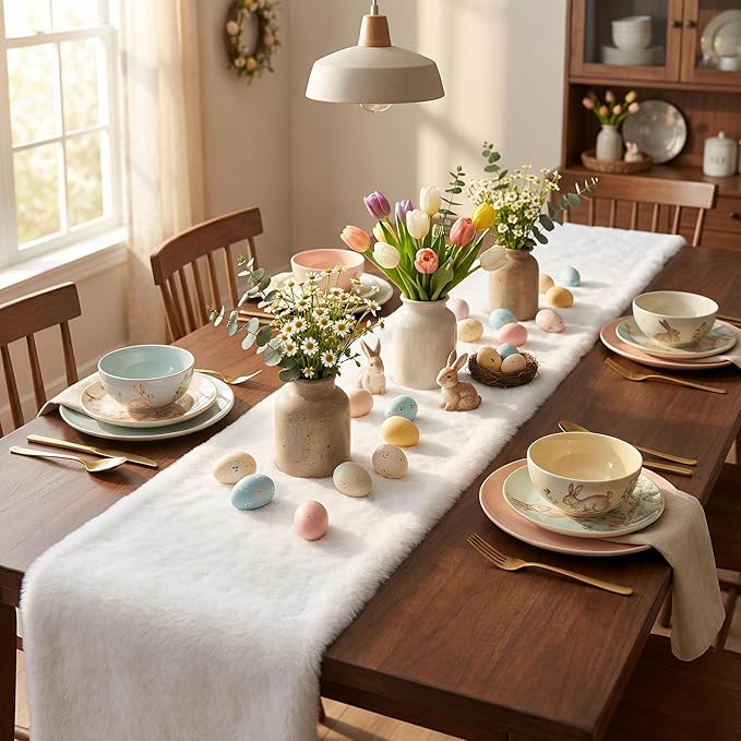 duduta White Faux Fur Table Runner 60 inches Long, Fluffy Dresser Runner Covers Coffee Table Runner Spring Easter Decor