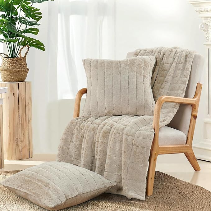 Striped Throw Blanket and Pillow Covers Set (No Inserts) for Couch and Bed, Plush Warm Lightweight Fuzzy Faux Fur Blanket for All Seasons (50" x 60", Oatmeal)