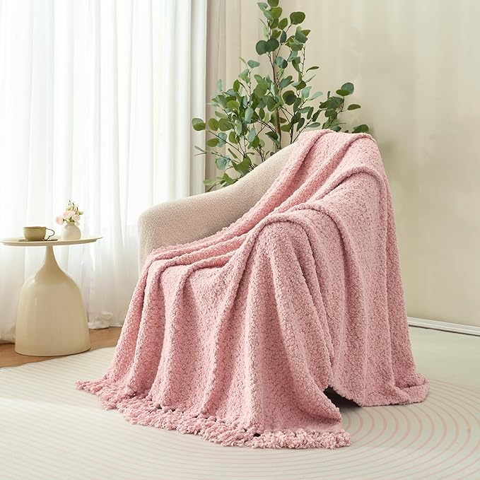 Throw Blanket for Couch, Dusty Pink Luxury Knitted Throws 60"x80", Textured Blankets with Handmade Fringe Tassels for Bed Sofa Decorative, Chunky Soft Farmhouse Boho Home Decor
