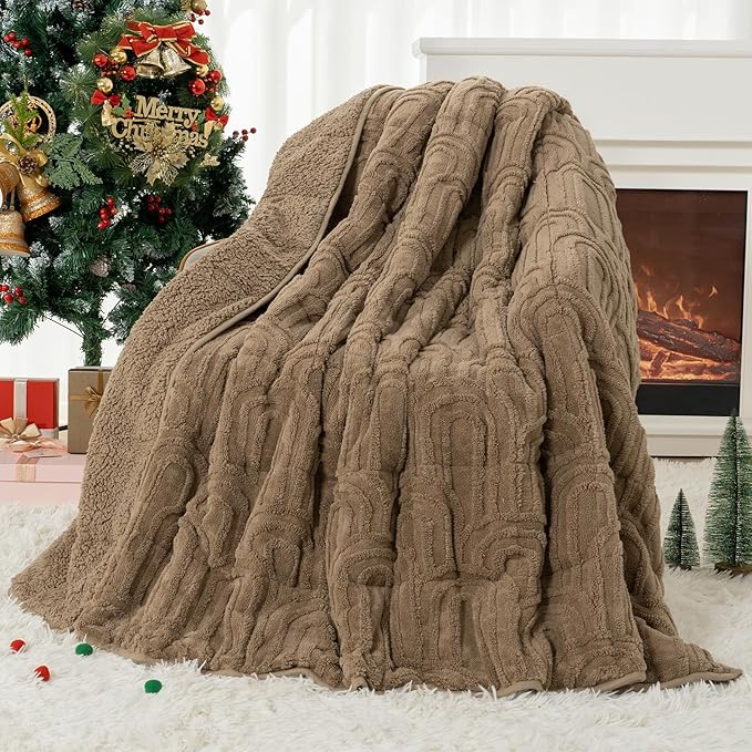 Cottonblue Jacquard Weighted Blanket for Adults 15 lbs Twin Size, Cozy Fluffy Sherpa Fleece Weighted Throw Blankets 60" x 80" for Sleep Relax, Fuzzy Warm Arch Heavy Blanket Soft for Bed Couch, Khaki