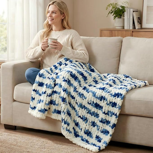 Amélie Home Chunky Knit Throw Blanket for Couch, Soft Chenille Handmade Crochet Throw Rope Knot Blanket for Couch, 50"x60", Space-Dyed Blue Striped