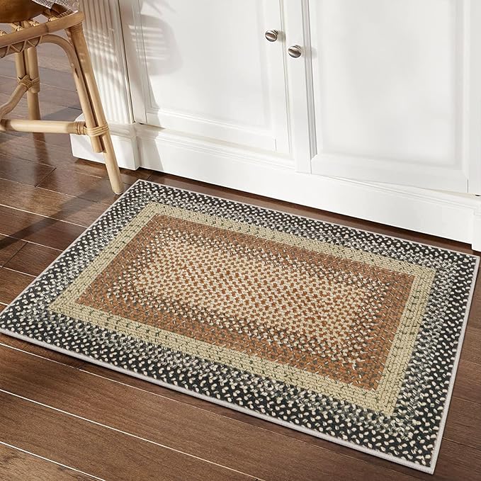 RUGSREAL Entryway Area Rug 2x3 Small Rug Machine Washable Bedroom Area Rug Non Slip Bathroom Mat Stain Resistant Kitchen Mat Farmhouse Carpet Modern Rustic Rug for Living Room Dining Room, Sand/Bronze