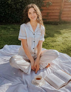 SWOMOG Women Satin Pajamas Set Short Sleeve Top & Pants Sleepwear Silky Button Down Nightwear 2pcs Loungewear Pjs Set