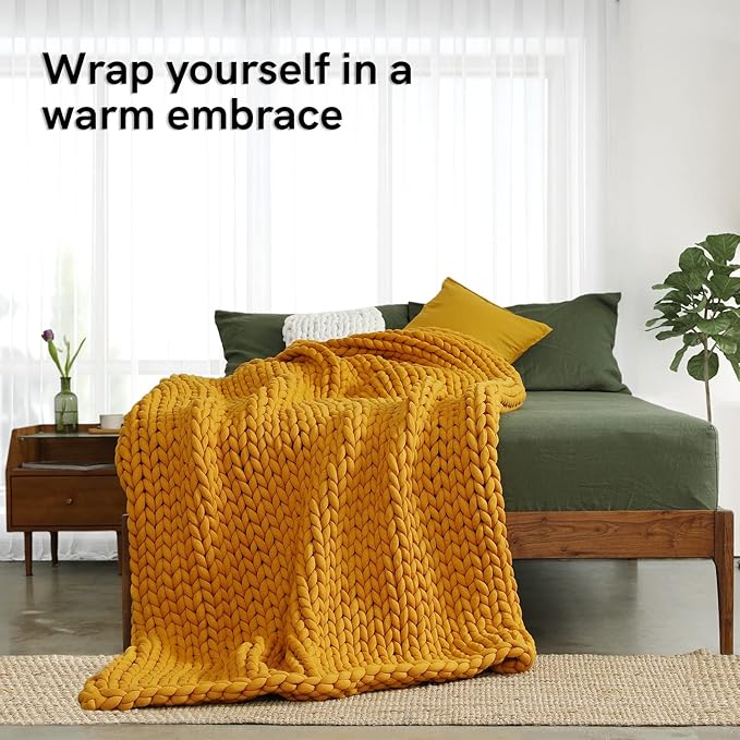 YnM Knitted Weighted Blanket, Handmade Chunky Knitted Design, Soft and Cozy, Temperature Regulating and Breathable, Machine Washable Throw for Sleep or Home Decor (Yellow Fusion, 80x87 Inch, 25lbs)