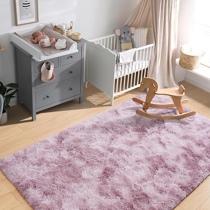 Softlife Area Rug for Living Room, 5x8 Feet Plush Fluffy Rug for Bedroom, Tie-Dyed Pink Purple Shag Rug for Aesthetic Christmas Room Decor, Soft Modern Fuzzy Faux Fur Carpet for Kids Nursery Room Dorm