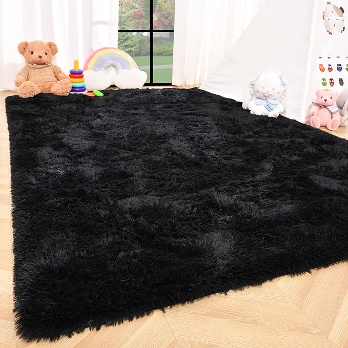 ISEAU Ultra Soft Fluffy Rug for Bedroom, 3 x 5 Feet Shaggy Area Rugs for Living Room Fuzzy Carpet Comfy Nursery Mat Bedside Carpets for Kids Boys Room Home Decor, Black