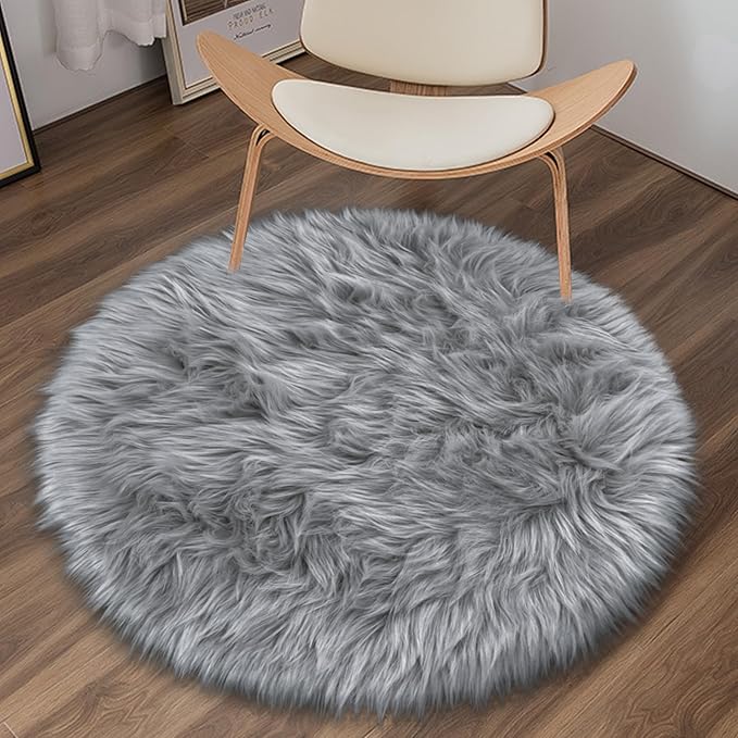 Faux Fur Grey Round Rugs 3ft for Bedroom, Small Fluffy Fuzzy Circle Rug Furry Shag Shaggy Carpet for Living Room Kids Teen Girls Room, Plush Circular Rug for Nursery Room