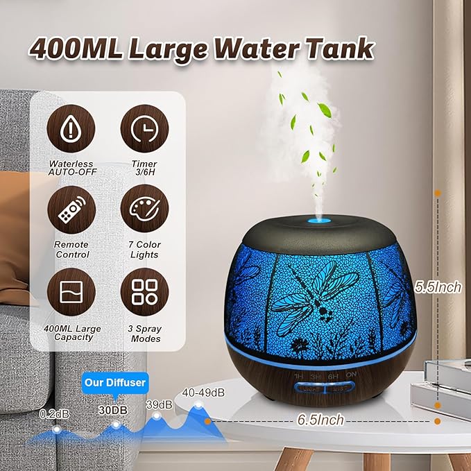 Roonbo Diffusers for Essential Oils Large Room 400ml,Essential Oil Diffuser for Home with R/C,Cool Mist Humidifiers for Bedroom,7 Colors Changed & 3 Mist Mode Waterless Auto Off for Decor Dragonfly