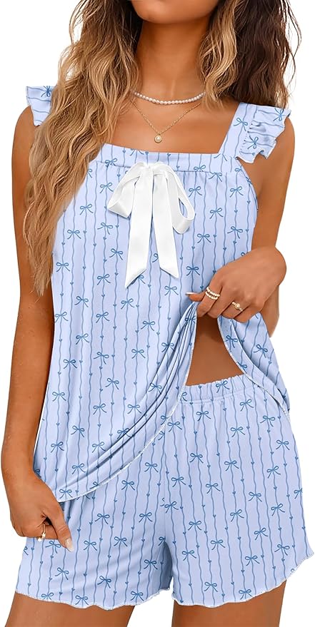 Ekouaer Women's Pajamas Sets 2 Piece Bow Bridal Pajama Cute Tank Top and Shorts Pjs Soft Ruffle Sleepwear XS-2XL