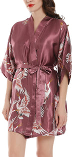 Women Kimono Robes Satin Dressing Gown Crane and Blossoms Sleep Lounge Nightwear Short Silk Bride Bridesmaid Robe