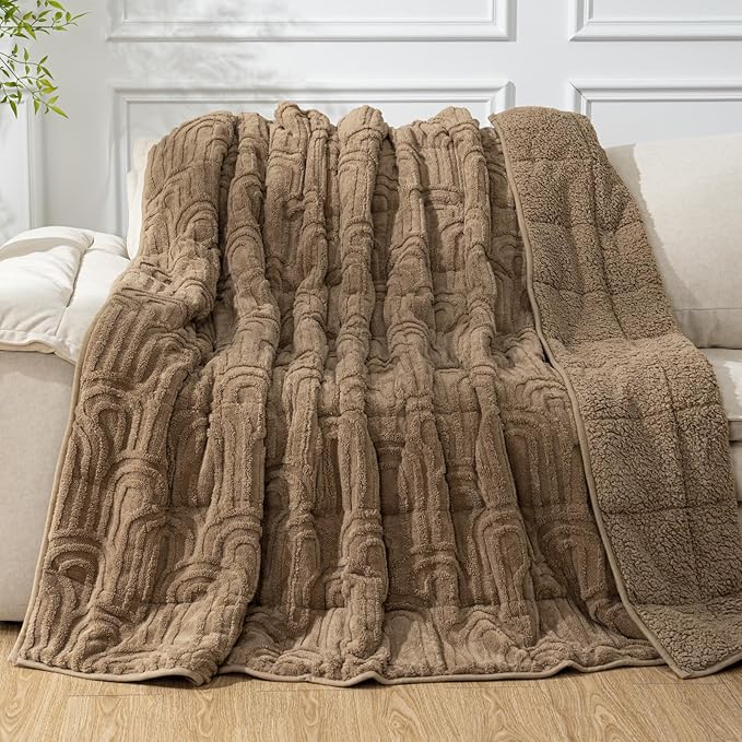 Cottonblue Jacquard Weighted Blanket for Adults 15 lbs Queen Size, Cozy Fluffy Sherpa Fleece Weighted Throw Blankets 60" x 80" for Sleep Relax, Fuzzy Warm Arch Heavy Blanket Soft for Bed Couch, Khaki
