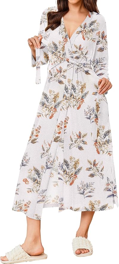 Ekouaer Women's Robe Long Waffle Knit Bathrobe Lightweight Soft Kimono Robes Loungewear S-XXL
