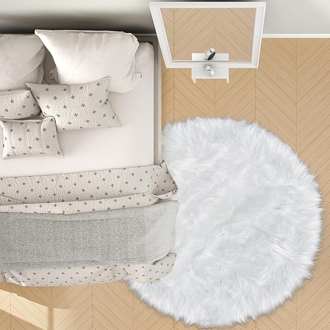 4 ft Fluffy White Round Rug for Bedroom, Furry Faux Sheepskin Fur White Circle Rugs for Living Room Cute Soft Fuzzy Shag Carpet for Kids Girls Room Nursery Dorm