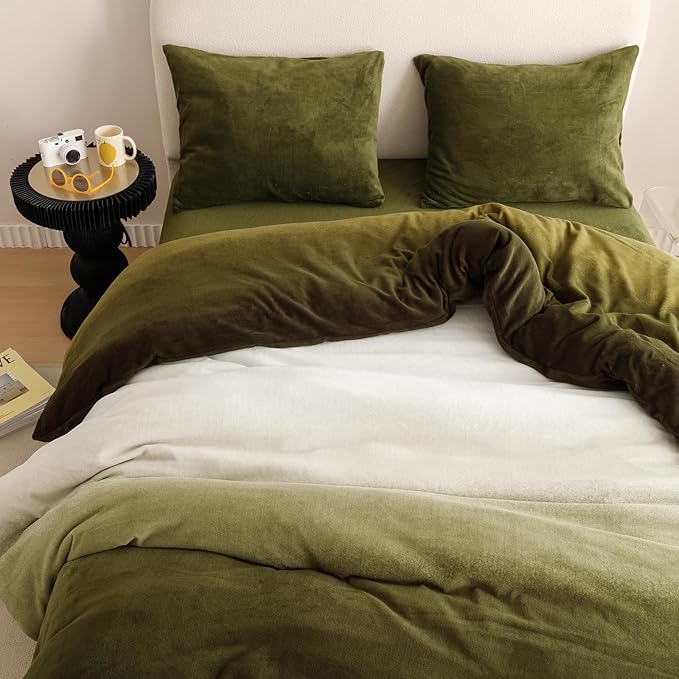 Luxlovery Green Gradient Velvet Comforter Full Fluffy Plush Flannel Bedding Set Full Men Women Army Green White Winter Warm Blanket Quilts Thick Abstract Modern Comforter Set