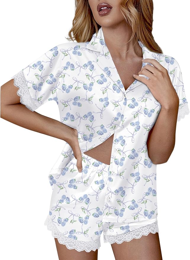 Ekouaer Womens Lace Satin Pajama Set Button Down Pj Shorts Set Bridesmaids Getting Ready Outfits Casual Sleepwear XS-XXL