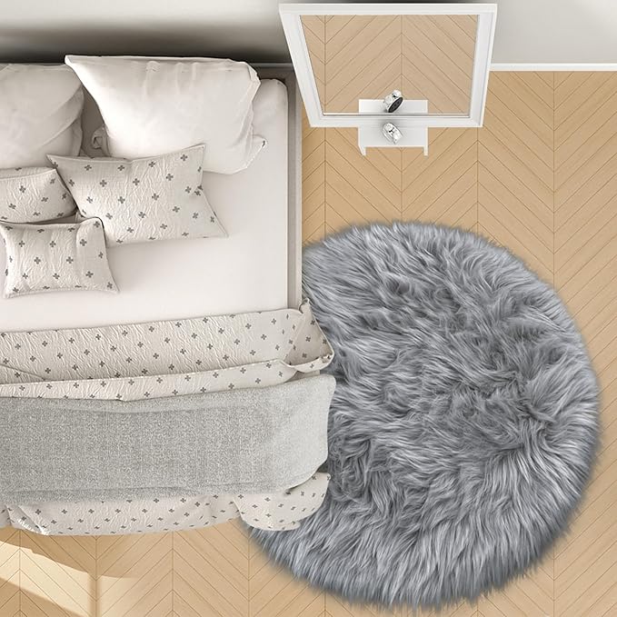 Grey Round Rugs for Bedroom, 4x4 Ft Fluffy Circle Area Rug for Kids Room, Furry Carpet for Teen's Room, Shaggy Circular Rug for Nursery Room, Fuzzy Plush Rug for Dorm Living Room Carpet
