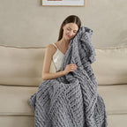 Chunky Knit Blanket Throw 50x60 Inches,Handmade Cable Knit Crochet Blanket,Cozy Lightweight All Season,Wrinkle-Resistant Polyester for Couch Bed Sofa Reading Nook,Grey
