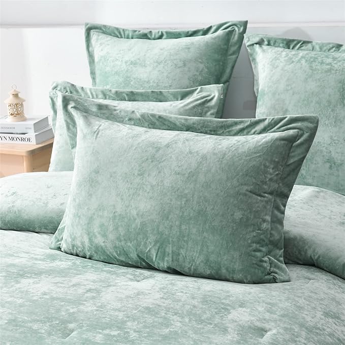 Fredsure Distressed Velvet Comforter Set, 5 Pieces Sage Green King, Distressed Velvet Face and Brushed Microfiber Reverse