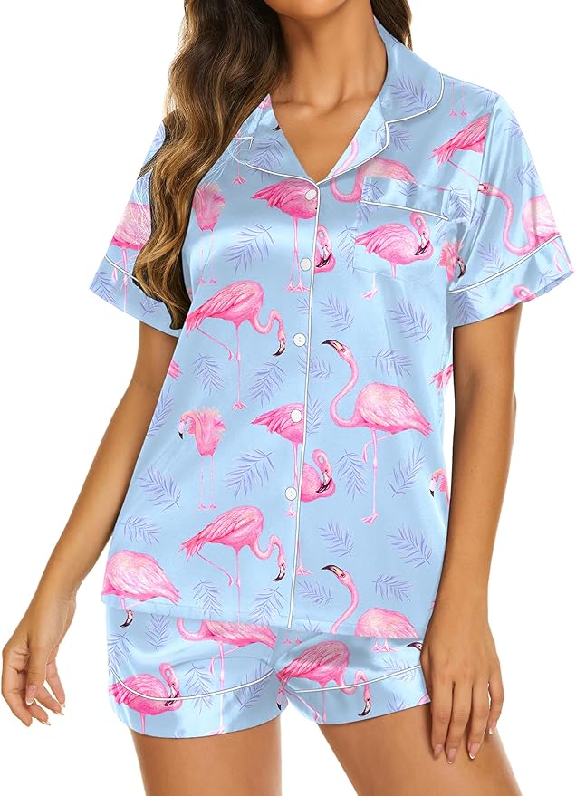 Ekouaer Silk Pajamas for Women Short Sleeve Sleepwear Soft Button Down Loungewear 2 Piece Satin Pjs Shorts Set