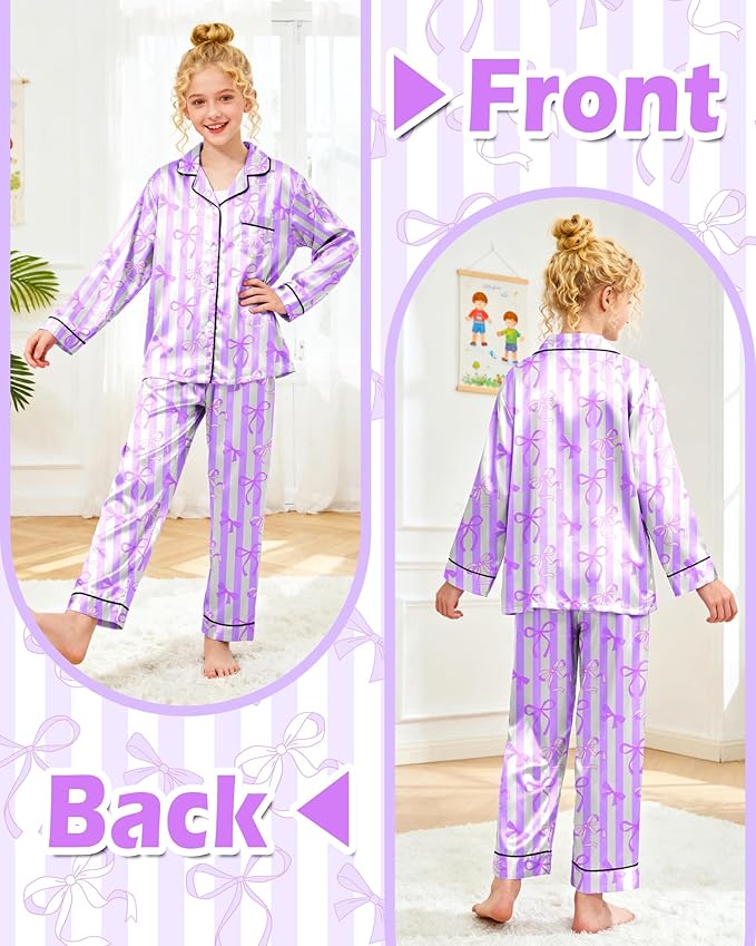 Girls Pajamas Silk PJS Set Satin Sleepwear Long Sleeve Jammies for Kids Button-Down Nightwear Loungewear 3-16 Years