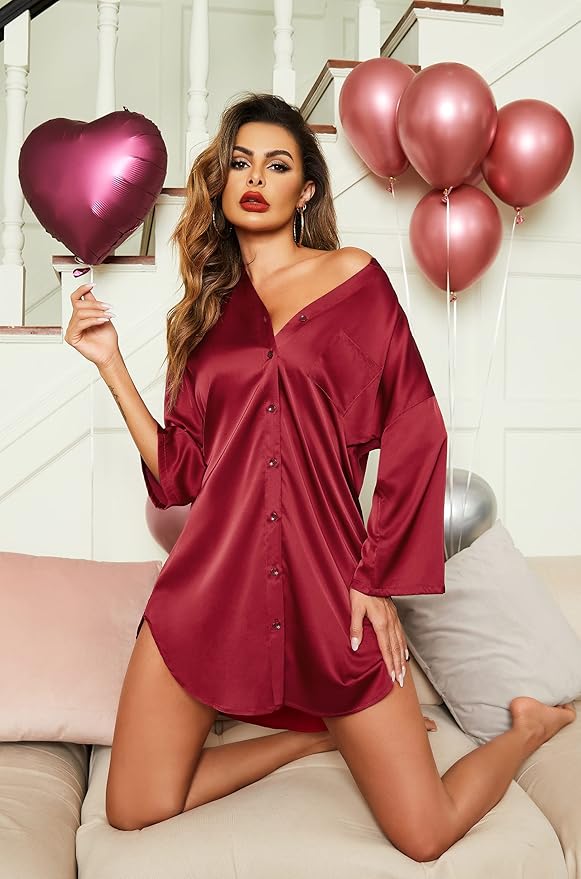 Ekouaer Satin Nightgowns for Women Silk Sleepwear Button Down Sleepshirt 3/4 Sleeve V-Neck Nightshirts with Pockets