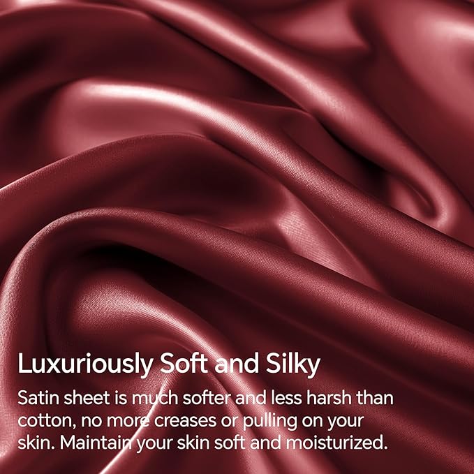 BEDELITE California King Sheets Set, Luxury Soft Burgundy Satin Sheets for Hair and Skin, Similar to Silk Bed Sheets Set 4 Pieces with 1 Deep Pocket Fitted Sheet, 1 Flat Sheet, and 2 Pillowcases