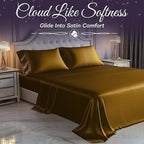 SLEEP SANCTUARY Satin Sheets Queen Size – 4 Piece Luxury Silky Bed Set, Softer Than Silk, 15" Deep Pocket, Cooling & Wrinkle-Free, Moisture-Wicking & Breathable for Hair & Skin (Striped Gold)
