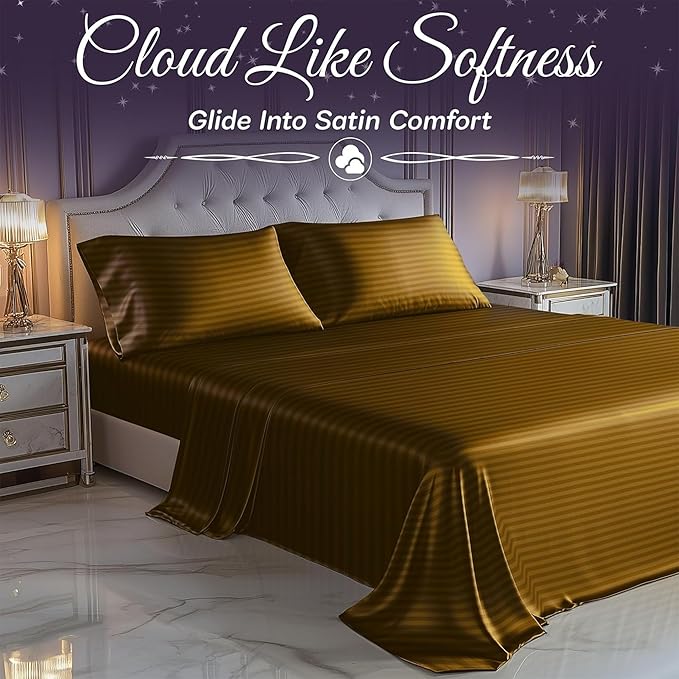 SLEEP SANCTUARY Satin Sheets Full Size – 4 Piece Luxury Silky Bed Set, Softer Than Silk, 15" Deep Pocket, Cooling & Wrinkle-Free, Moisture-Wicking & Breathable for Hair & Skin (Striped Gold)