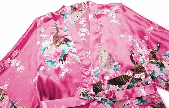 Women's Short Kimono Robes Bride and Bridesmaid Satin Floral Bathrobe Peacock Sleepwear Dressing Gown for Wedding Party