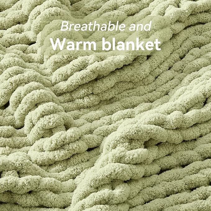 Negwoo Chunky Knit Throw Blanket, 50''*60'' Knitted Throw Chenille Yarn for Bed Couch, Handmade Light Green Crochet Big Thick Blanket, Machine Washable Cute Comfy Blanket for Home Decor