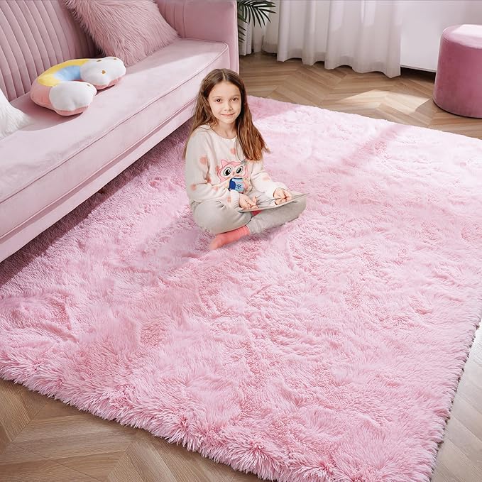 Softlife Light Pink Area Rug for Living Room, Fluffy Shag Plush 5.3x7.6 Rugs for Bedroom Girls, Shaggy Soft Fuzzy Kids Large Carpet for Dorm Bedside Ultra Cozy Non-Slip Indoor Decor