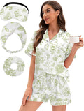 EPLAZA Silk Pajamas for Women Satin Pajamas Set 5 Pcs Long Sleeve Print Pattern Button Down Pjs Sleepwear Loungewear Set