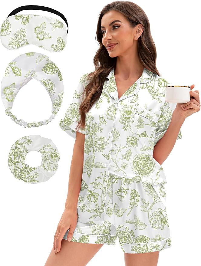 EPLAZA Silk Pajamas for Women Satin Pajamas Set 5 Pcs Long Sleeve Print Pattern Button Down Pjs Sleepwear Loungewear Set