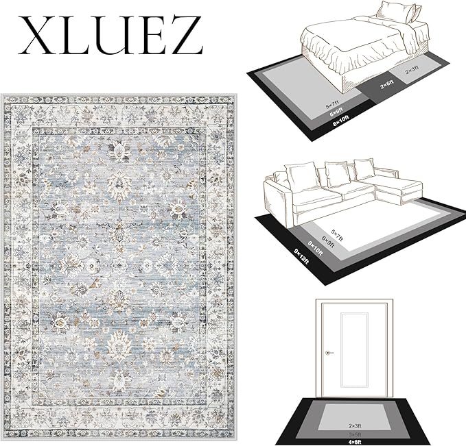 XLUEZ Area Rug 10x12 Living Room Rugs, Machine Washable Vintage Distressed Boho Area Rug Non-Slip Soft Low Pile Large Indoor Rugs for Bedroom Kitchen Dining Room Office(Light Blue,10'x12')