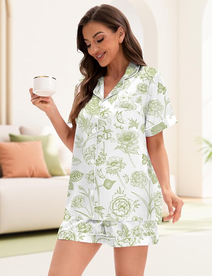 EPLAZA Silk Pajamas for Women Satin Pajamas Set 5 Pcs Long Sleeve Print Pattern Button Down Pjs Sleepwear Loungewear Set