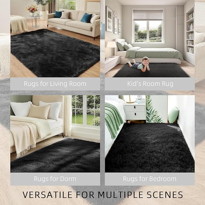 Shag Black Rug, 4x6 Area Rug for Dorm Bedroom Living Room, Non-Slip Ultra Fluffy Soft Area Rugs for Kids Room, Girls Room, Study, Office, Playroom, Easy to Clean, Modern Carpet Décor