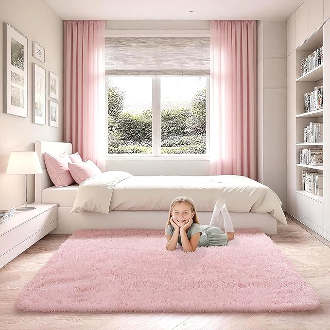 Shag Pink Rug, Rugs for Bedroom Girls Kids Room, 4x6 Ultra Soft Fluffy Area Rugs for Drom, Kids Room, Nursery, Study, Playroom, Easy Clean, Indoor Carpet for Living Room, Modern Carpet Décor