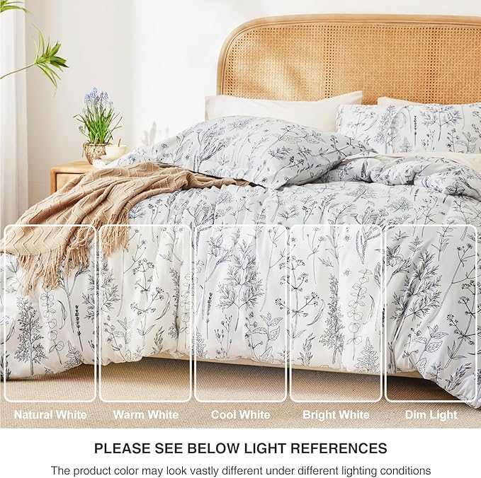 Love's cabin White Full Size Comforter Set - Comforter Set Full, 3 Pieces Cute Floral Bedding Sets for All Seasons,1 Soft Reversible Botanical Flowers Comforter and 2 Pillow Shams
