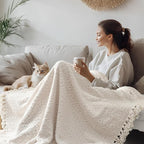 Throw Blanket for Couch, White Luxury Knitted Throws 60"x80", Textured Blankets with Handmade Fringe Tassels for Bed Sofa Decorative, Chunky Soft Farmhouse Boho Home Decor