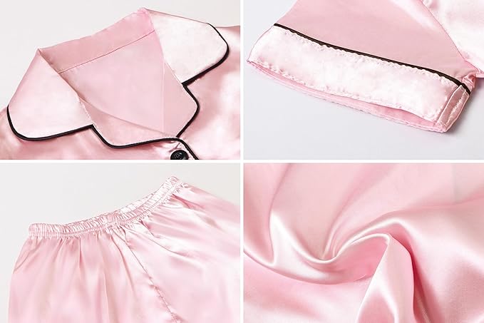 Umeyda Girls Womens Pajamas Set, Satin Silky Button Down Loungewear 2 Piece Short Sleeve Pants PJS Sets for Mommy Kids
