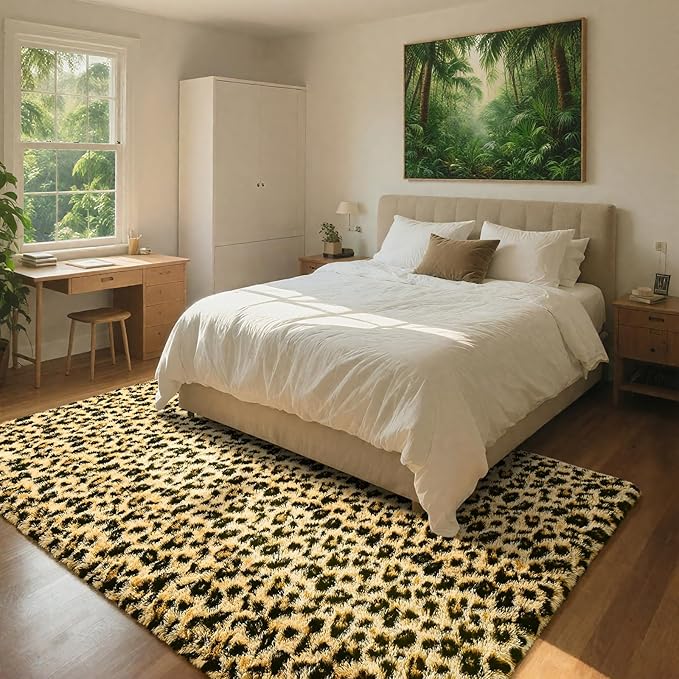 HOMORE Leopard Fluffy Rugs 6x9, Leopard Print Rug for Living Room Bedroom,Soft Cheetah Print Rug for Kids Children Room, Faux Animal Printed Carpet for Western Decor,Black and Khaki