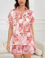 SWOMOG Womens Silk Satin Pajamas Set Short Sleeve Sleepwear Button Down Top and Shorts Loungewear 2 Piece Pjs Set XS-3XL